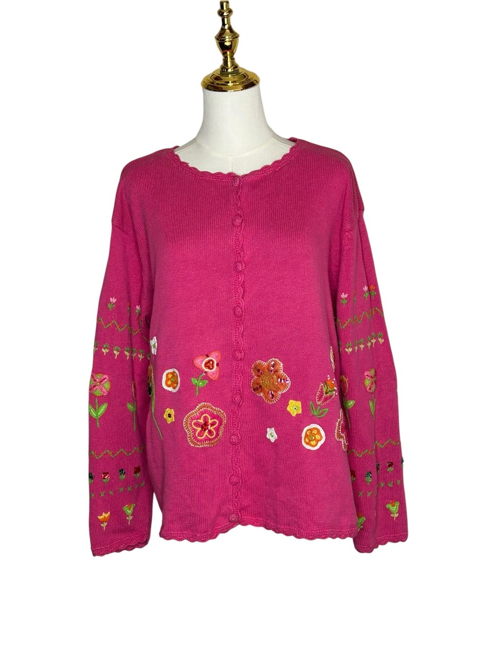 Tiara Vintage Bright Pink Floral Embroidered Cardigan Y2K Cottagecore Sz M Indie